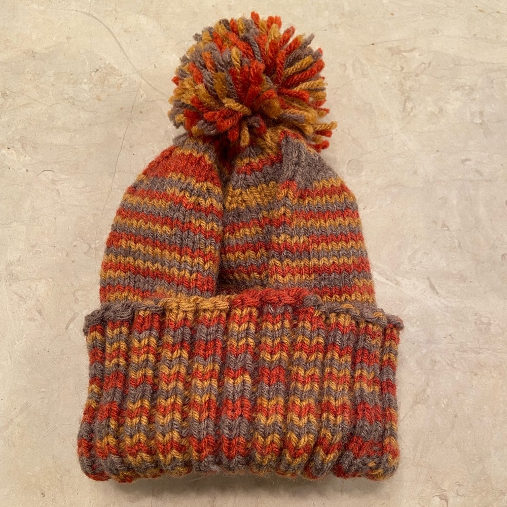 🆕 Hand-Knit Beanie with Puff Ball - Orange, Yellow, Gray-Purple